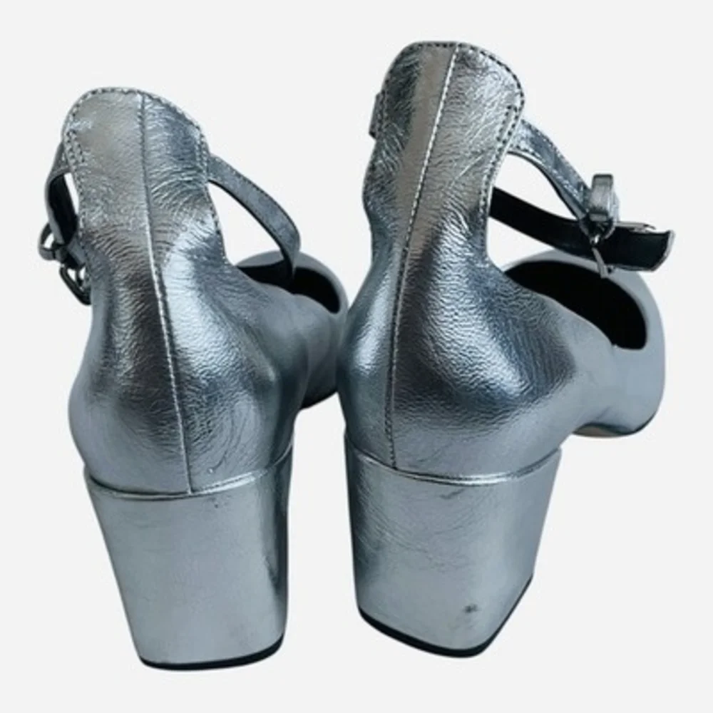 Rebecca Minkoff Metallic Silver Leather Ankle Strap Pumps Women's Shoes 8M Good